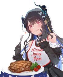  1girl :q asymmetrical_horns bib black_gloves black_hair black_horns black_sleeves blue_hair cauli colored_inner_hair dress_shirt food fur-trimmed_sleeves fur_trim gloves hololive hololive_english horns jailbird_(nerissa_ravencroft) long_hair meat multicolored_hair nerissa_ravencroft nerissa_ravencroft_(1st_costume) plate red_eyes shirt simple_background slit_pupils steak tomato tongue tongue_out transparent_background virtual_youtuber white_shirt 