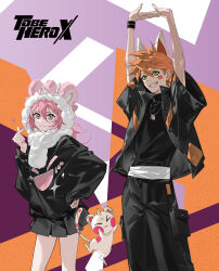 1boy 1girl :3 :d absurdres animal animal_ears arms_up bangle big_johnny_(to_be_hero_x) black_hoodie black_jacket black_skirt bracelet brown_eyes chinese_commentary commentary_request contrapposto copyright_logo facial_mark feet_out_of_frame finger_heart fox_ears fur_hoodie green_eyes hand_on_own_hip highres hood hoodie jacket jewelry jumping kemonomimi_mode little_johnny_(to_be_hero_x) logo loli_(to_be_hero_x) looking_at_viewer necklace official_art pink_hair promotional_art scarf skirt smile sparkle stretching to_be_hero to_be_hero_x white_scarf 