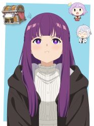  absurdres black_robe blunt_bangs character_request chibi dress fern_(sousou_no_frieren) frieren frieren_stuck_in_a_mimic_(meme) highres long_hair meme mimic mimic_chest purple_hair rikka_(rikkaarts) robe solo_focus sousou_no_frieren upper_body violet_eyes white_dress 