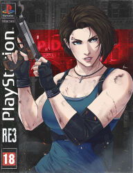  1girl bare_shoulders black_gloves blue_eyes blue_tank_top bob_cut breasts brown_hair cocking_gun cover dirty dirty_face fingerless_gloves gloves highres jewelry jhony_caballero jill_valentine lips medium_breasts necklace resident_evil resident_evil_3:_nemesis resident_evil_3_(remake) scrape short_hair tank_top toned toned_female trigger_discipline upper_body video_game_cover 