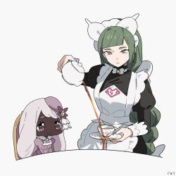  2girls apron ascot black_romper braid braided_ponytail breasts closed_mouth cup dark-skinned_female dark_skin dress failure fascinator frilled_ascot frills green_hair highres holding holding_saucer holding_teapot jacinthe_(pokemon) juliet_sleeves lebanne_(pokemon) long_hair long_sleeves maid maid_apron maid_headdress master_and_servant multiple_girls oromnt pokemon pokemon_legends:_z-a pouring puffy_sleeves purple_dress purple_hair romper saucer simple_background sitting smile tea teacup teapot very_dark_skin violet_eyes white_background 