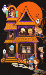  5girls 6+boys absurdres ace_attorney alita_tiala animal_ears antenna_hair apollo_justice apollo_justice:_ace_attorney bag bare_tree bat_(animal) beanie beard black_background black_cape black_dress black_hair black_pants blonde_hair blue_cape blue_hair blush_stickers boots braid broom brother_and_sister brothers brown_hair building candy cape castle cat_ears cat_tail chibi closed_eyes closed_mouth coat cousins daryan_crescend door dress drew_misham ema_skye facial_hair food full_moon ghost ghost_costume glasses gloves grey_hair hair_over_one_eye halloween halloween_costume hat highres holding holding_lantern horns house jack-o&#039;-lantern jacket jewelry klavier_gavin kristoph_gavin lamiroir_(ace_attorney) lantern long_hair long_sleeves looking_at_another machi_tobaye moon multiple_boys multiple_girls mummy_costume mustache open_mouth orange_hair pants peeking phoenix_wright pumpkin purple_hair red_pants scarf shirt short_hair siblings silk sio2_(whynotkarma) smile spider_web stained_glass stairs standing tail top_hat topknot tree trucy_wright vampire_costume vera_misham vest white_gloves white_shirt window witch_hat wizard_hat wocky_kitaki 