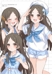  1girl blue_dress blue_neckerchief blue_sailor_collar blue_shorts blush brown_eyes brown_hair dress gakuen_idolmaster hair_ornament hat highres idolmaster kuramoto_beta-carotene kuramoto_china leaf_hair_ornament long_hair multiple_views neckerchief odaibako open_mouth request_inset sailor_collar sailor_dress sailor_hat sailor_shirt salute shirt short_shorts short_sleeves shorts sleeveless smile teeth upper_teeth_only white_hat white_sailor_collar white_shirt 