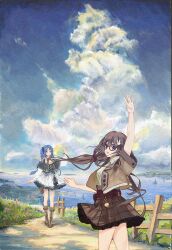  2girls arm_up blue_hair blue_sky boots brown_boots brown_hair brown_jacket brown_shirt clouds cloudy_sky commentary dark_skin dress expressionless fence film_grain flower hair_ornament hair_scrunchie hairclip hand_up heavy_film_grain highres jacket long_hair long_sleeves looking_at_viewer looking_to_the_side low-tied_long_hair mavv miniskirt multicolored_dress multiple_girls ocean open_clothes open_jacket open_mouth original parallel_hairclips parted_lips path rabbit_hair_ornament scenery scrunchie shirt short_sleeves skirt sky smile standing symbol-only_commentary variant_set very_long_hair waving white_dress wooden_fence 