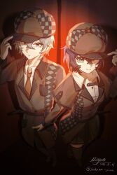  1boy 1girl absurdres adjusting_clothes adjusting_headwear alternate_costume belle_(zenless_zone_zero) belt black_belt black_jacket black_pants black_shoes black_skirt black_thighhighs blue_eyes blue_hair breast_pocket brother_and_sister brown_hat checkered_hat closed_mouth collared_shirt from_above grey_hair hat highres jacket moyaoyaoyaoyao_r necktie object_in_pocket orange_necktie pants pen_in_pocket pocket procreate_(medium) shirt shoes short_hair siblings skirt smile standing thigh-highs white_shirt wise_(zenless_zone_zero) zenless_zone_zero 