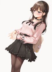  1girl backpack bag black_bow black_collar black_skirt blush bow braid breasts brown_hair brown_pantyhose closed_mouth collar collarbone flying_sweatdrops frilled_skirt frills grey_background grey_eyes hair_bow hair_ornament hairclip highres jirai_kei long_hair long_sleeves medium_breasts minato_ojitan original pantyhose pink_shirt pleated_skirt polka_dot polka_dot_pantyhose puffy_long_sleeves puffy_sleeves shirt simple_background skirt sleeves_past_wrists solo steepled_fingers 