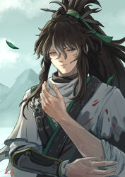  1boy absurdres arm_armor black_hair chucky_(chucky1000sun) cloak commentary_request green_ribbon grey_eyes hair_between_eyes hair_ribbon hand_up highres long_hair male_focus parted_lips qiuyuan_(wuthering_waves) ribbon signature sleeve_rolled_up solo toned toned_male upper_body white_cloak wuthering_waves 