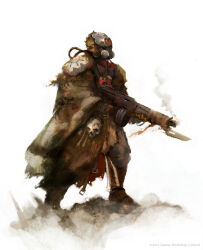  1boy assault_rifle bayonet cape chaos_(warhammer) drum_magazine ev_shipard gun looking_to_the_side magazine_(weapon) male_focus mask masked official_art rifle smoke smoking_barrel solo warhammer_40k weapon white_cape 