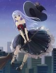  bare_shoulders blue_eyes broom broom_riding cat cityscape dress flying hareno_chiame hat highres long_hair night night_sky original silver_hair sky smile solo star_(sky) starry_sky stuffed_animal stuffed_toy witch_hat 