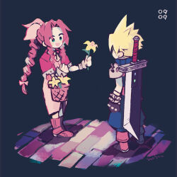  1boy 1girl aerith_gainsborough armor armored_gloves artist_name baggy_pants bangle basket blonde_hair blue_pants blue_shirt boots bracelet braid braided_ponytail brick_road brown_boots brown_hair buster_sword center_opening choker cloud_strife dated dress earrings final_fantasy final_fantasy_vii flower flower_basket full_body gloves green_eyes hair_ribbon highres holding holding_basket holding_flower jacket jewelry lily_(flower) long_dress long_hair looking_at_another materia nobu_(25mark) open_mouth pants parted_bangs pauldrons pink_dress pink_ribbon red_jacket ribbon ribbon_choker shirt short_hair short_sleeves shoulder_armor sidelocks single_braid single_earring single_pauldron sleeveless sleeveless_turtleneck smile spiky_hair sword sword_on_back turtleneck weapon weapon_on_back yellow_flower 