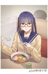  1girl absurdres blue_hair blue_sailor_collar bob_cut chopsticks cup dated drinking_glass food glasses green_tea highres holding holding_chopsticks holding_spoon kamaboko long_hair looking_at_viewer motosu_school_uniform narutomaki neckerchief noodles ongaku111 oogaki_chiaki ramen restaurant sailor_collar school_uniform sidelocks spoon tea twintails white_neckerchief yellow_eyes yurucamp 
