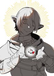  1other absurdres animal_ears armor character_request check_copyright closed_eyes copyright_request curled_up final_fantasy final_fantasy_ix floating gauntlets gift_art graveweaver halo halo_behind_head hands_up head_tilt highres lens_flare mini_person partially_colored pointy_ears sidelighting smile turtleneck upper_body white_hair 