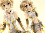  bare_shoulders bass_clef blonde_hair bow collar detached_sleeves hairclip headphones holding_hands kagamine_len kagamine_len_(append) kagamine_rin kagamine_rin_(append) len_append midriff nail_polish navel popped_collar rin_append see_through short_shorts treble_clef vocaloid vocaloid_append 