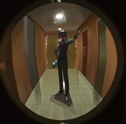  1other absurdres black_hair black_vest ceiling_light colored_inner_hair fisheye full_body glowing glowing_eyes hallway hand_on_own_hip highres holding index_finger_raised looking_at_viewer ma_someru multicolored_hair original pov reflective_floor shaded_face shirt short_hair sleeves_rolled_up solo standing tile_floor tiles vest white_shirt 