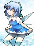  1girl bike_shorts blue_eyes blue_hair bow cirno dress fumi_(fumifumi-graffiti) hair_bow highres ice ice_wings open_mouth short_hair shorts_under_skirt smile snow solo touhou water wings 