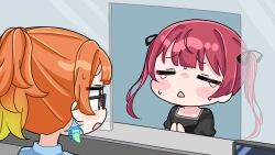  2girls black-framed_eyewear black_shirt blonde_hair blue_shirt blush_stickers chibi closed_eyes glasses gradient_hair hands_up hololive hololive_english houshou_marine long_hair mochimiko multicolored_hair multiple_girls open_mouth orange_hair own_hands_together parted_lips ponytail puffy_short_sleeves puffy_sleeves red_hair semi-rimless_eyewear shirt short_sleeves sweat takanashi_kiara tears twintails under-rim_eyewear virtual_youtuber 