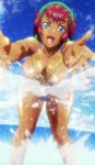  absurdres bikini blue_eyes cloud clouds dark_skin hairband highres ocean red_hair redhead ricarla_borgnine screencap sky smile splash splashing stitched super_robot_wars super_robot_wars_og_the_inspector super_robot_wars_original_generation swimsuit 