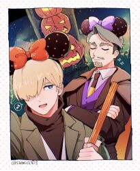  2boys beard black_jacket black_necktie black_shirt blonde_hair blue_eyes border brown_coat challia_bull char_aznable churro closed_eyes closed_mouth coat coat_on_shoulders collared_shirt crossed_arms disneyland facial_hair food green_hair green_jacket gundam gundam_gquuuuuux hair_over_one_eye highres holding holding_churro holding_food jack-o&#039;-lantern jacket lapels long_sleeves looking_at_viewer male_focus minnie_mouse_ears multiple_boys musical_note mustache necktie notched_lapels open_mouth pumpkin purple_vest selfie shirouzu_(gundam) shirt short_hair smile sparkle spoken_musical_note sumicc03 thick_eyebrows turtleneck u_u upper_body vest white_border white_shirt wing_collar 
