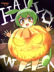  1girl :3 blush_stickers commentary_request cropped_legs green_hair halloween halloween_costume hands_up happy_halloween highres jack-o&#039;-lantern long_hair looking_at_viewer low_ponytail open_mouth orange_eyes ponytail pumpkin_costume solo sus304_a translation_request v-shaped_eyebrows very_long_hair voiceroid voicevox zundamon 