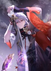  1girl 2boys arms_up asymmetrical_sleeves bandaged_arm bandages black_shorts blonde_hair broken closed_mouth clouds cloudy_sky commentary_request electricity expressionless faceless faceless_female faceless_male floating friends from_behind from_below genshin_impact glowing grey_sky hair_between_eyes highres holding holding_sword holding_weapon japanese_clothes jewelry kaedehara_kazuha katana kazuha&#039;s_friend_(genshin_impact) kimono light_particles looking_down multicolored_hair multiple_boys namimenou on_one_knee outdoors pendant purple_kimono raiden_shogun red_eyes red_socks reflection reflection_focus shade shorts sky socks solo_focus standing storm streaked_hair sword uneven_sleeves vision_(genshin_impact) weapon white_hair wide_sleeves 