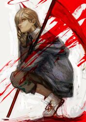  1girl absurdres blonde_hair blue_jacket chainsaw_man closed_mouth collared_shirt demon_girl demon_horns grey_pants hair_over_one_eye highres holding holding_scythe horns jacket long_hair pants power_(chainsaw_man) red_horns scythe shirt shoes solo squatting white_background white_shirt white_shoes yellow_eyes yukimura821 