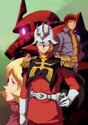  1girl 2boys amuro_ray belt blonde_hair cable char_aznable combat_helmet commentary_request epaulettes eye_mask gloves gundam hand_on_own_hip helmet highres jacket kawamura_takayasu machinery mask mecha military_uniform mobile_suit mobile_suit_gundam mobile_suit_gundam_the_origin multiple_boys one-eyed robot sayla_mass science_fiction white_gloves zaku_ii zaku_ii_s_char_custom zeon 