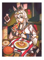  1girl ahoge animal_ears blue_eyes blue_sailor_collar brooch burger diamond_hairband doughnut ear_ornament eating food french_fries fuyuyume glutton grey_hair hair_between_eyes hair_ornament hairband highres holding holding_food holding_pizza horse_ears horse_girl jacket jewelry long_hair long_sleeves milkshake multicolored_hair neckerchief oguri_cap_(starlight_beat)_(umamusume) oguri_cap_(umamusume) pasta pizza pizza_slice plate rainbow red_neckerchief sailor_collar shirt sitting solo spaghetti star_brooch table umamusume white_jacket white_shirt 