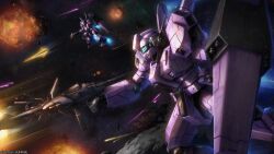  absurdres battle beam_rifle blue_visor copyright_notice debris earth_federation energy_beam energy_gun explosion firing gundam gundam:_twilight_axis gundam_battle_operation_2 highres jegan machinery mecha mecha_focus missile missile_pod mobile_suit muzzle_flash nebula official_art painting_(medium) radio_antenna realistic robot scan science_fiction shield space star_(sky) sunrise_(company) tenjin_hidetaka traditional_media weapon 