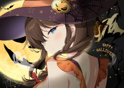  1girl artist_name black_hair blue_eyes braid frilled_straps full_moon hair_flaps hair_over_shoulder happy_halloween hat hatsuzuki_527 highres jack-o&#039;-lantern_hat_ornament kantai_collection long_hair looking_at_viewer looking_back moon shigure_(kancolle) shigure_kai_san_(kancolle) silk single_braid solo spider_web upper_body witch_hat 