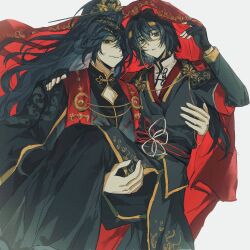  2boys black_bandages black_eyes black_hair black_hanfu black_pants carrying changpao chinese_clothes clothing_cutout crescent family_hierarch_candidate_(identity)_(project_moon) glasses gold_trim hair_between_eyes hand_on_another&#039;s_shoulder hanfu headband heishou_pack-wu_branch_(identity)_(project_moon) high_ponytail highres hong_lu_(project_moon) limbus_company long_hair long_sleeves looking_at_viewer low_ponytail male_focus mandarin_collar multiple_boys one_eye_covered pankou pants parted_lips ponytail princess_carry project_moon red_sash red_veil sash shirt simple_background smile stole veil very_long_hair white_shirt xiao_guan_(headdress) xiaorourose yellow-framed_eyewear yellow_headband yi_sang_(project_moon) 
