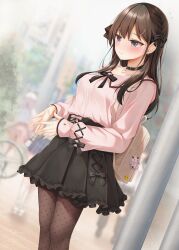  3girls backpack bag black_bow black_collar black_skirt blurry blurry_background blush bow braid breasts brown_hair brown_pantyhose closed_mouth collar collarbone commentary_request day depth_of_field flying_sweatdrops frilled_skirt frills grey_eyes hair_bow hair_ornament hairclip highres jirai_kei long_hair long_sleeves medium_breasts minato_ojitan multiple_girls original outdoors pantyhose pink_shirt pleated_skirt polka_dot polka_dot_pantyhose puffy_long_sleeves puffy_sleeves shirt skirt sleeves_past_wrists solo_focus steepled_fingers 