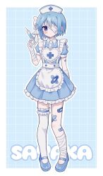  1girl alternate_costume apron bandaged_hand bandaged_head bandaged_leg bandages bandaid bandaid_on_leg belt blue_background blue_dress blue_hair blue_shoes blue_theme character_name crossed_bandaids dress frilled_apron frilled_dress frills hat highres holding holding_syringe looking_at_viewer mahou_shoujo_madoka_magica mahou_shoujo_madoka_magica_(anime) miki_sayaka nurse_cap one_eye_covered outline puffy_short_sleeves puffy_sleeves shoes short_hair short_sleeves single_thighhigh solo syringe thigh-highs thigh_belt thigh_strap white_apron white_outline white_thighhighs yoshida_(ftw08y) 