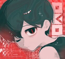  1boy black_eyes black_hair black_tank_top character_name close-up closed_mouth colored_skin english_text highres looking_at_viewer male_focus nn_0m0 omori omori_(omori) one_eye_closed red_pupils short_hair solo something_(omori) tank_top upper_body watermark white_skin 