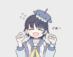  1girl bare_shoulders black_hair bracelet choker claw_pose closed_eyes commentary_request earrings facing_viewer fangs fukumaru_koito grey_background idolmaster idolmaster_shiny_colors idolmaster_shiny_colors_song_for_prism jewelry long_hair necktie official_alternate_hair_length official_alternate_hairstyle open_mouth roozuka sailor_collar shark_hat short_hair skin_fangs solo swept_bangs translation_request upper_body yellow_necktie 