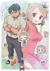  1girl 2boys bamboo_shoot black_hair blush book brown_eyes brown_hair brown_skirt china_dress chinese_clothes closed_eyes commentary_request controller crossed_arms dress flying_sweatdrops highres holding holding_book holding_remote_control multiple_boys nanonin nichijou open_mouth panda red_dress remote_control romaji_text sakurai_izumi sakurai_makoto_(nichijou) school_uniform shirt short_hair side_slit skirt smile standing takasaki_manabu teacher tissue_box watch watch white_shirt 