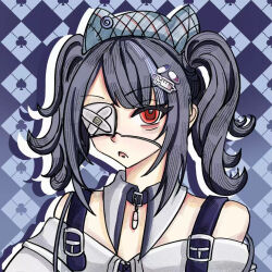  1girl animal_ear_headwear animal_ears argyle_background argyle_clothes argyle_hat bags_under_eyes bare_shoulders beanie belt belt_buckle belt_collar black_belt black_hair blue_background blue_hat buckle cat_ears club_(shape) collar detached_collar dotted_line dress expressionless eyelashes eyepatch fake_animal_ears guyanchi460 hair_ornament hairclip hat infinity_nikki long_sleeves medical_eyepatch medium_hair multicolored_hair nikki_(series) off-shoulder_dress off_shoulder open_mouth outline pill_hair_ornament pointy_nose quirky_idea_(infinity_nikki) red_eyes shoulder_belt sidelocks solo spade_(shape) streaked_hair syringe syringe_hair_ornament tsurime twintails upper_body white_collar white_dress white_outline 