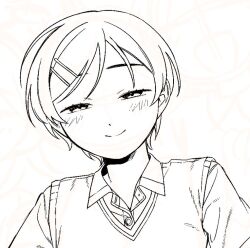  1girl blush closed_mouth collared_shirt commentary_request dress_shirt futsuu_no_keion-bu greyscale hair_ornament hairpin half-closed_eyes kouyama_rin lineart monochrome pixie_cut portrait rra_(yj) shirt short_hair smile solo sweater_vest 