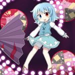  akagaminanoka bloomers blue_eyes blue_hair danmaku fuuen_(akagaminanoka) geta heterochromia karakasa karakasa_obake no_socks oriental_umbrella red_eyes short_hair solo tatara_kogasa tongue touhou umbrella 