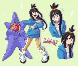  1girl black_hair blue_hoodie choker closed_mouth colored_skin crossed_arms cube_hair_ornament earclip eggtempest gem grey_eyes hair_ornament hood hood_down hoodie jacket leggings lida_(pokemon) long_hair long_legs long_sleeves looking_at_viewer mega_pokemon mega_starmie open_mouth orange_leggings pokemon pokemon_(creature) pokemon_legends:_z-a purple_skin red_gemstone shirt shoes smile starfish starmie teeth topknot two-tone_legwear white_choker white_leggings wispy_bangs 