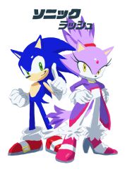  1boy 1girl animal_ears blaze_the_cat blue_fur cat_ears cat_girl cat_tail furry furry_female furry_male gloves green_eyes hands_on_own_hips highres pink_shoes purple_fur red_shoes shoes simple_background smile sonic_(series) sonic_rush sonic_the_hedgehog tail tokiwa757 white_background white_gloves yellow_eyes 