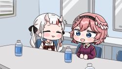  +++ 2girls :d black_bow black_hairband blue_eyes bottle bow breasts brown_dress chair chibi closed_eyes collared_shirt commentary_request dress feathered_wings gradient_hair grey_hair hair_bow hairband head_wings highres hololive horns indoors long_sleeves medium_breasts mochimiko multicolored_hair multiple_girls nakiri_ayame necktie on_chair oni pink_hair plaid_clothes plaid_dress purple_shirt red_hair red_necktie shirt sleeveless sleeveless_dress smile streaked_hair table takane_lui twintails virtual_youtuber water_bottle white_shirt wings 
