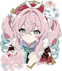  1girl aqua_bow aqua_bowtie aqua_eyes aqua_hair beret bow bowtie chibi chibi_inset closed_mouth drill_hair gradient_hair hair_between_eyes hair_intakes haji_6635_ttt hat heart honkai:_star_rail honkai_(series) hyacine_(honkai:_star_rail) light_blush little_ica_(honkai:_star_rail) looking_at_viewer medium_hair multicolored_hair oekaki portrait red_hat sidelocks simple_background smile solo sparkling_eyes twin_drills twintails twitter_username two-tone_hair white_background 
