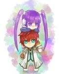  1girl :&lt; :x aqua_eyes brown_hair character_request chibi long_hair mecha_asbel mecha_sophie purple_eyes purple_hair shinono short_hair tales_of_(series) tales_of_graces twintails 