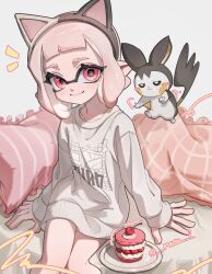  1girl absurdres animal_ear_hairband animal_ears cake cat_ear_hairband cat_ears cherry chu_u0spl closed_mouth crossover emolga eyebrow_cut fake_animal_ears food food_on_face fruit hairband highres inkling inkling_girl inkling_player_character long_sleeves looking_at_viewer medium_hair pink_eyes pink_hair pointy_ears pokemon pokemon_(creature) sitting smile splatoon_(series) sweater tentacle_hair white_sweater 