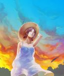  bare_shoulders brown_hair dress from_below hand_on_hat hat lips original sky solo summer sunset white_dress wind 