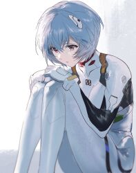  1girl ayanami_rei blue_hair bodysuit crying crying_with_eyes_open highres knees_to_chest mecha_pilot_suit neon_genesis_evangelion plugsuit_(evangelion) red_eyes ringosan2329 short_hair sitting solo tears white_bodysuit 