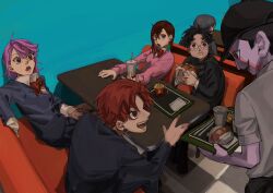  3girls 4boys alien antennae ayase_momo baseball_cap black_hair black_jacket blue_background blue_jacket bow bowtie brown_eyes brown_hair burger commentary crossed_bangs cup dandadan disposable_cup drinking_straw earrings eating employee_uniform enjoji_jin facial_mark fast_food fast_food_uniform food french_fries gakuran glasses hair_behind_ear hair_between_eyes hat highres jacket jewelry kami_high_school_uniform kp_oretayao long_sleeves looking_at_another multiple_boys multiple_girls open_mouth pink_hair pink_sweater red_bow red_bowtie red_hair rokuro_serpo round_eyewear sakata_kinta school_uniform shiratori_aira_(dandadan) shirt shirt_under_sweater short_hair sitting sweater table takakura_ken_(dandadan) vamola_(dandadan) white_shirt 