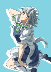  1girl apron blue_background blue_dress blue_eyes blue_shoes braid breasts commentary_request dress from_side grey_hair gyouza_(mhea5724) hair_ribbon hand_up highres izayoi_sakuya looking_at_viewer maid maid_apron maid_headdress medium_breasts medium_hair parted_lips ribbon shirt shoes short_sleeves sitting socks solo teeth touhou twin_braids wariza white_shirt white_socks 