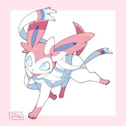  animal_focus artist_name blue_sclera border bow bowtie closed_mouth colored_sclera commentary_request ear_bow full_body highres hime_takeo looking_back neck_ribbon no_humans outside_border partial_commentary pink_border pink_bow pink_bowtie pokemon pokemon_(creature) ribbon sideways_glance signature simple_background solo standing sylveon walking white_background white_eyes white_ribbon 