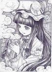  bangs blunt_bangs blush crescent cup face graphite_(medium) hands hat highres light_smile lips monochrome patchouli_knowledge sakino_shingetsu sketch smile solo steam tea teacup touhou traditional_media 